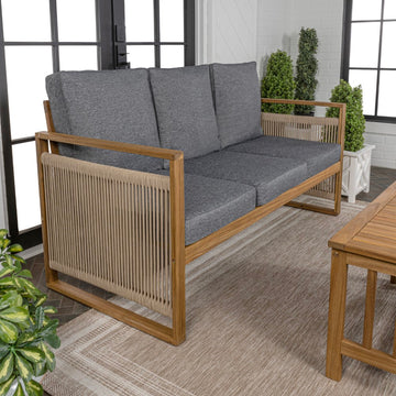 Gable 3-Seat Mid-Century Modern Roped Acacia Wood Outdoor Sofa with Cushions - JONATHAN Y